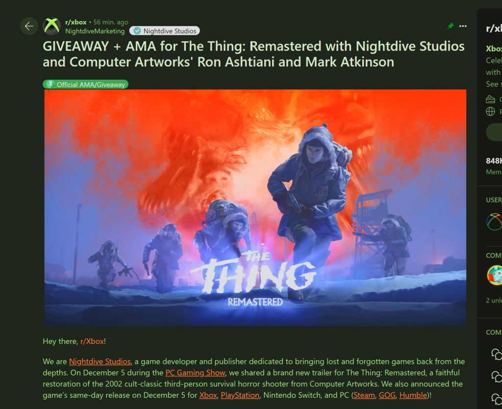 The Thing: Remastered が 12 月 5 日にリリースされることが決定